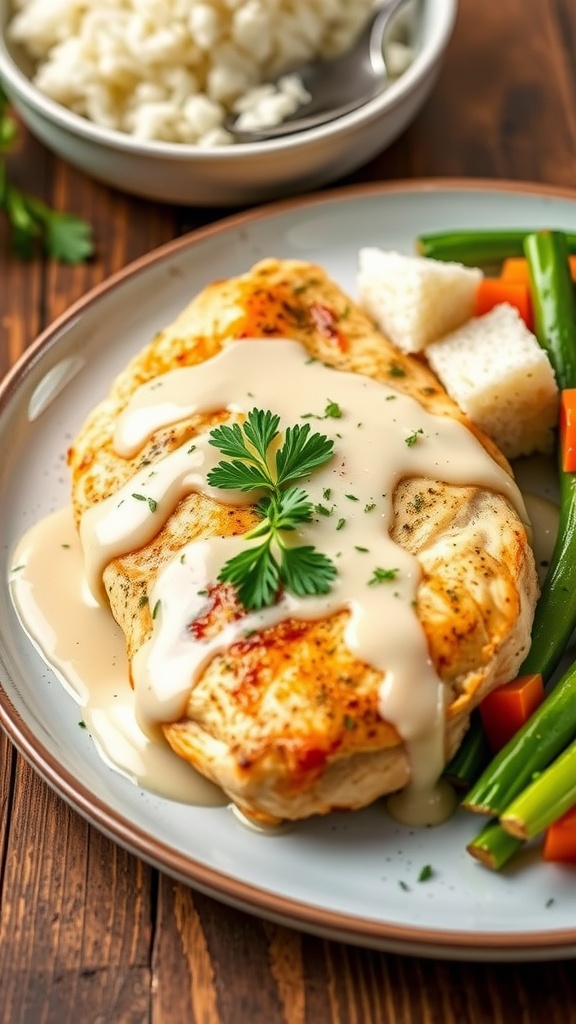 Lemon herb chicken breast covered in creamy sauce, garnished with parsley, served with vegetables and rice.